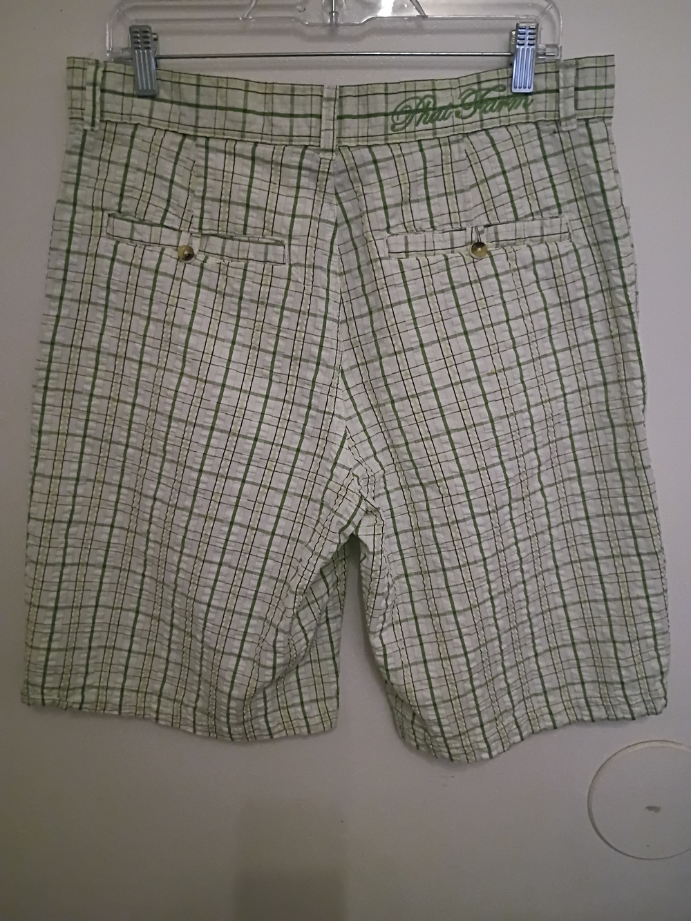 Phat Farm Green and White Plaid Seersucker Men’s Flat Front Shorts  Y2K Sz 32